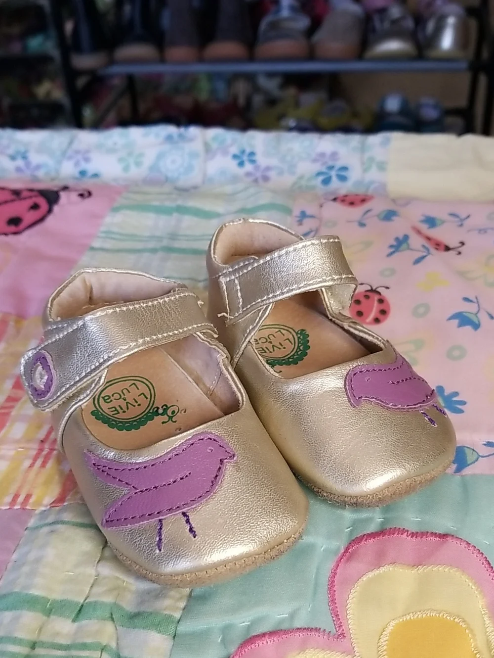 Livie & Luca Metallic Leather Mary Janes with Purple Bird 0-6 Month Pio Pio